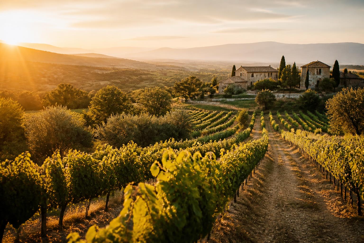 Luberon vineyard at sunset